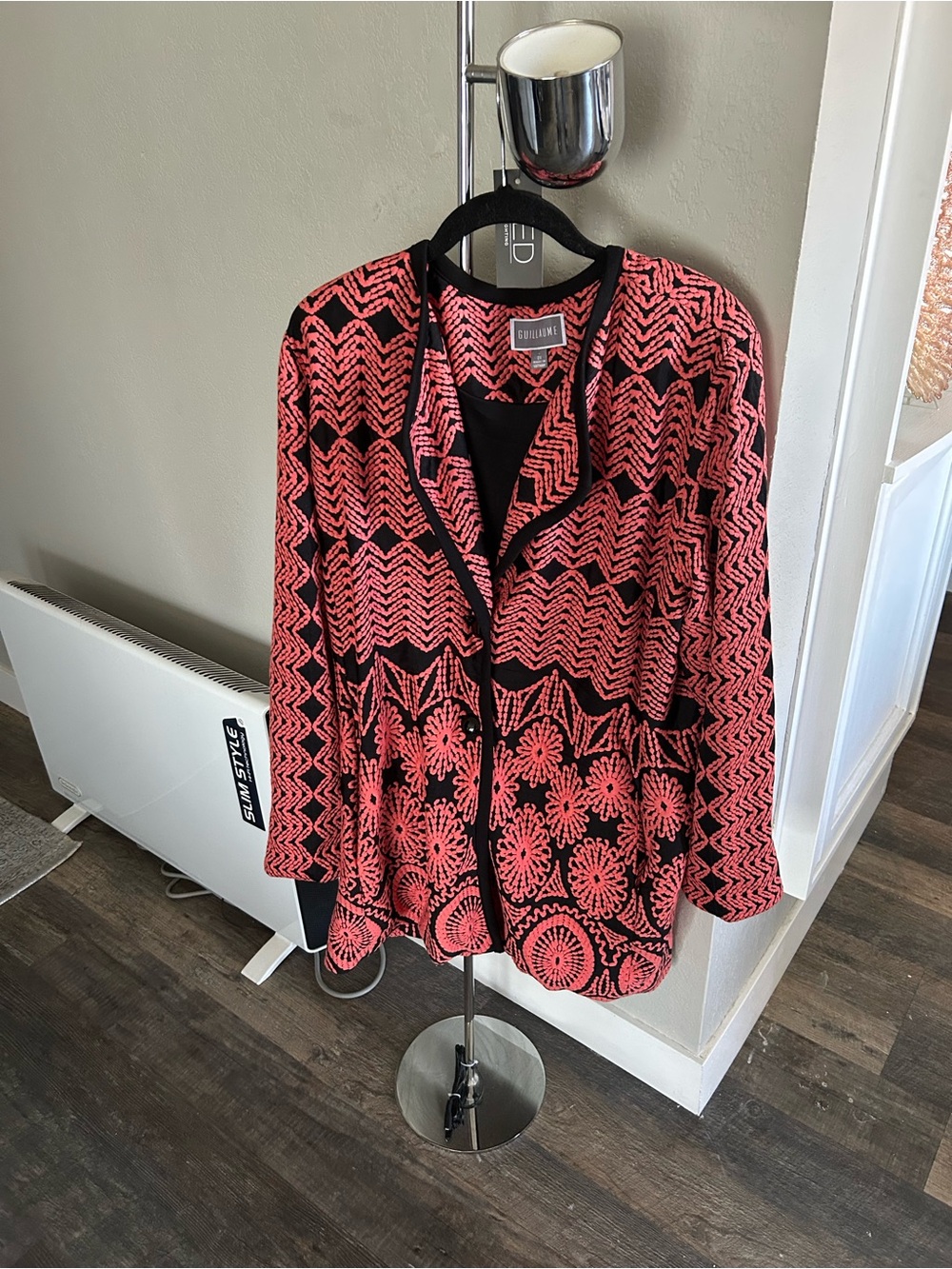 Patterned Coral and Black Jacquard Jacket by Guillaume